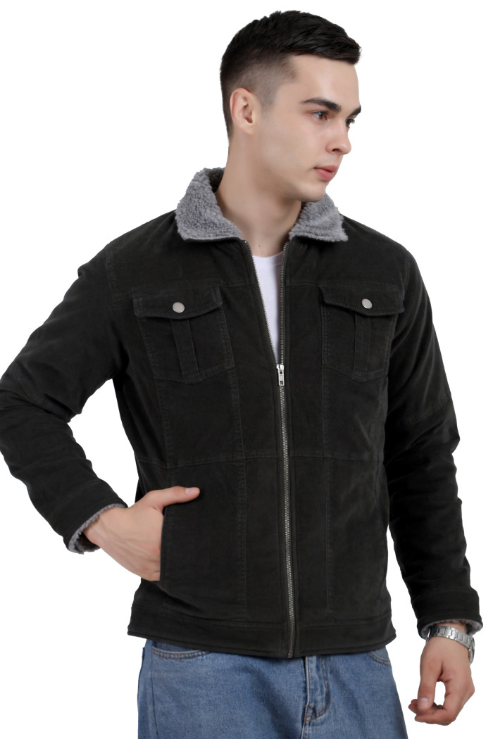 A left pose of a man wearing a Forest Green Corduroy jacket with a collar neck, zipper closure and pocket in hand designed for casual winter layering and comfort.